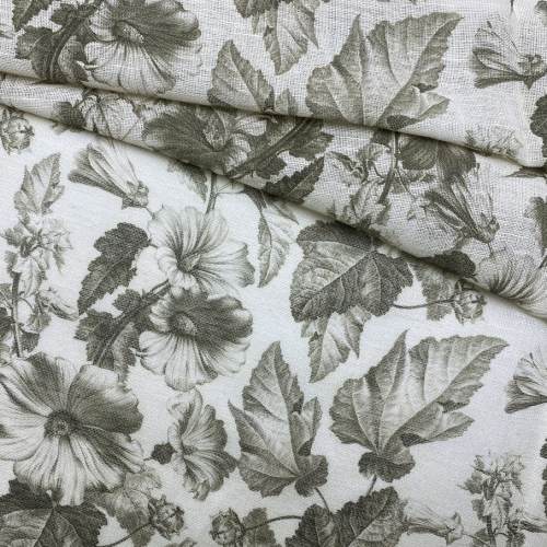 Ткань Ткань лен натуральный с принтом листья 20256