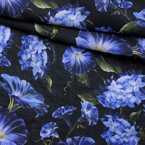 Ткань Лен  чёрного цвета с принтом  голубые цветы 20264